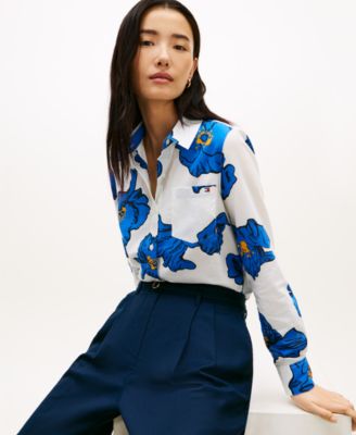 Women's Printed Button-Front Roll-Tab Shirt