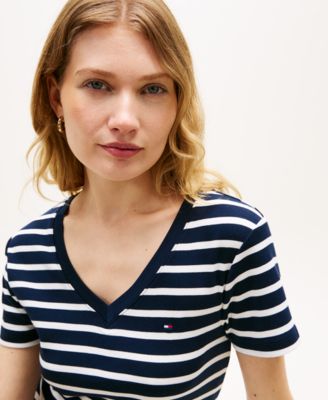 Women's Ribbed Stripe V-Neck T-Shirt Dress