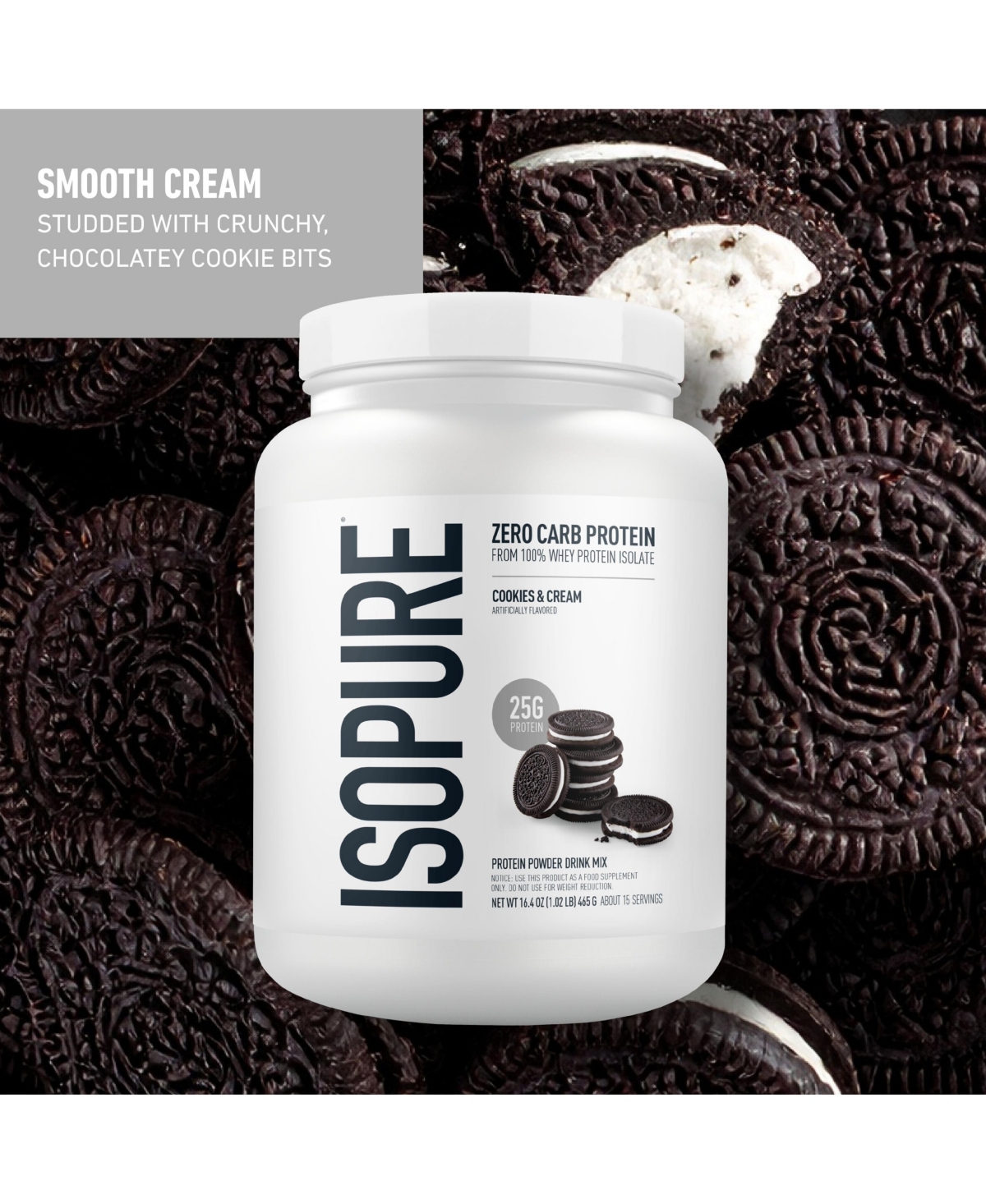 Isopure Zero Carb 100% Pure Whey Isolate Protein Powder, Cookies & Cream, 25g Protein, 15 Servings Tub