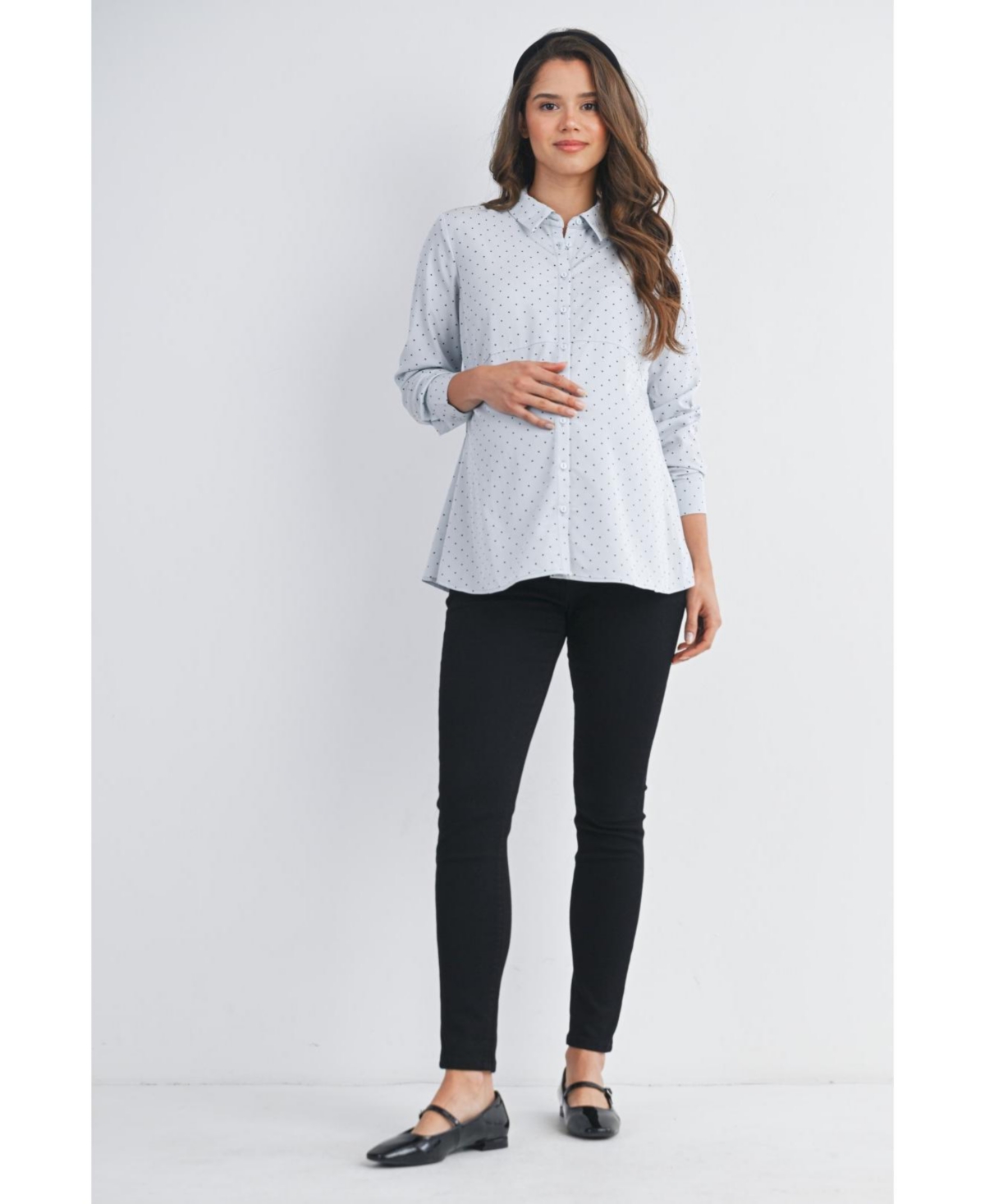 Hello Miz Maternity Button Down Polka Dot Long Sleeve Nursing Top