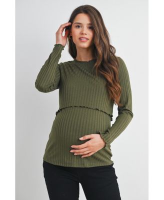 Maternity Long Sleeve Ribbed Double Layer Nursing Top