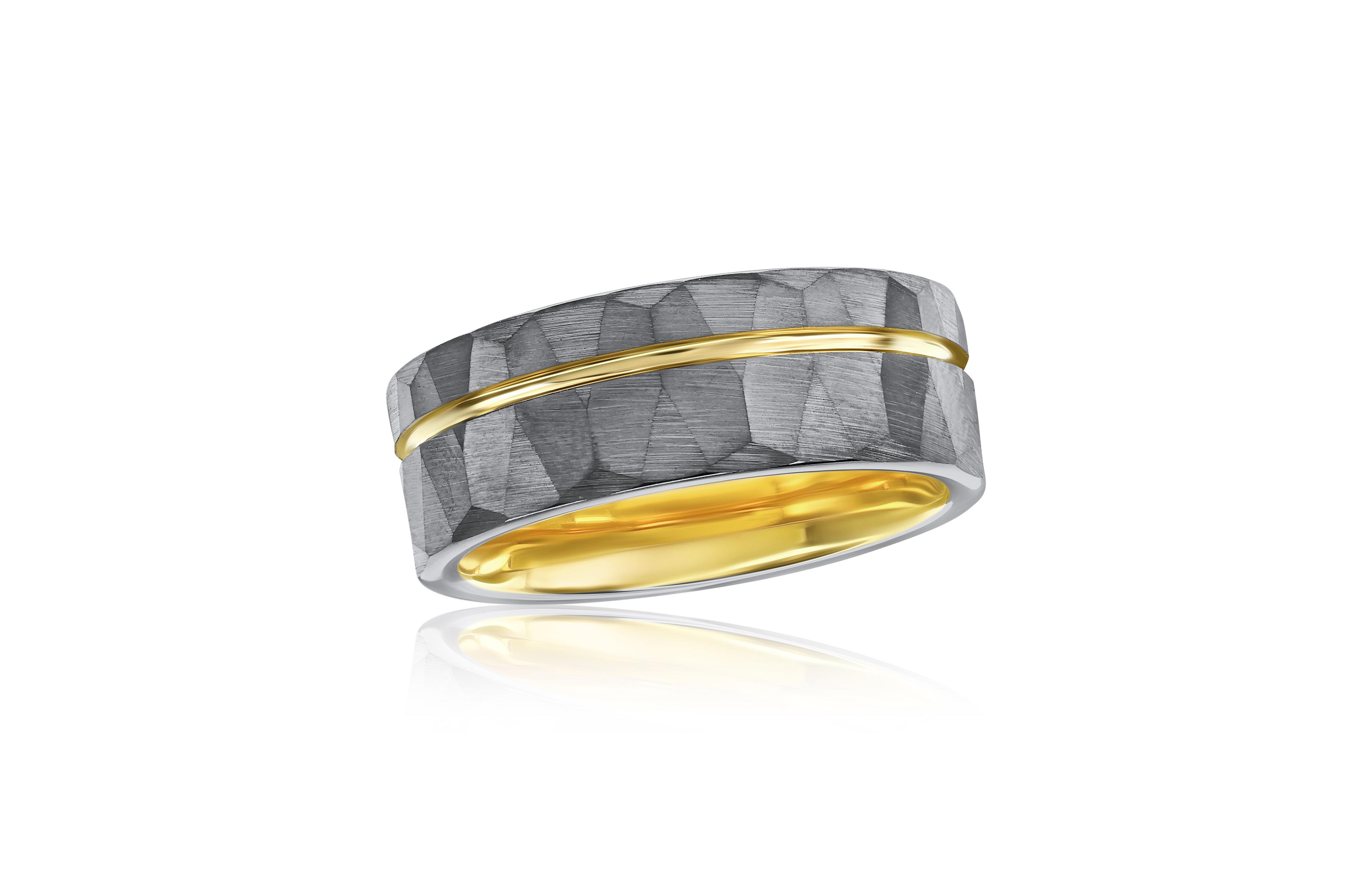 Matte Silver & Gold Lined Faceted Tungsten Ring