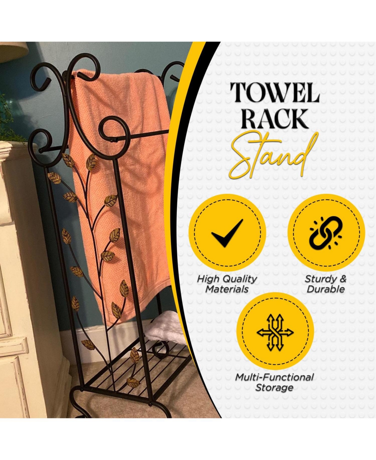 Kings Brand Furniture Black Metal with Gold Leaf Free Towel Rack Stand with Shelf