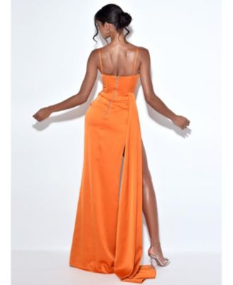 Women's Elayna Orange Strappy Satin Corset High Slit Gown