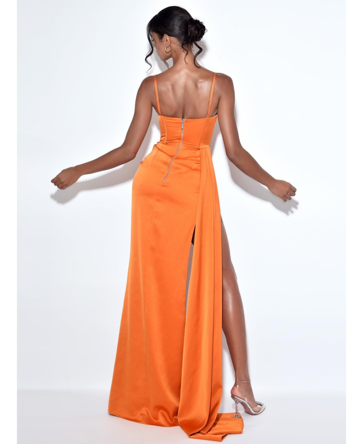 Miss Circle Women's Elayna Orange Strappy Satin Corset High Slit Gown