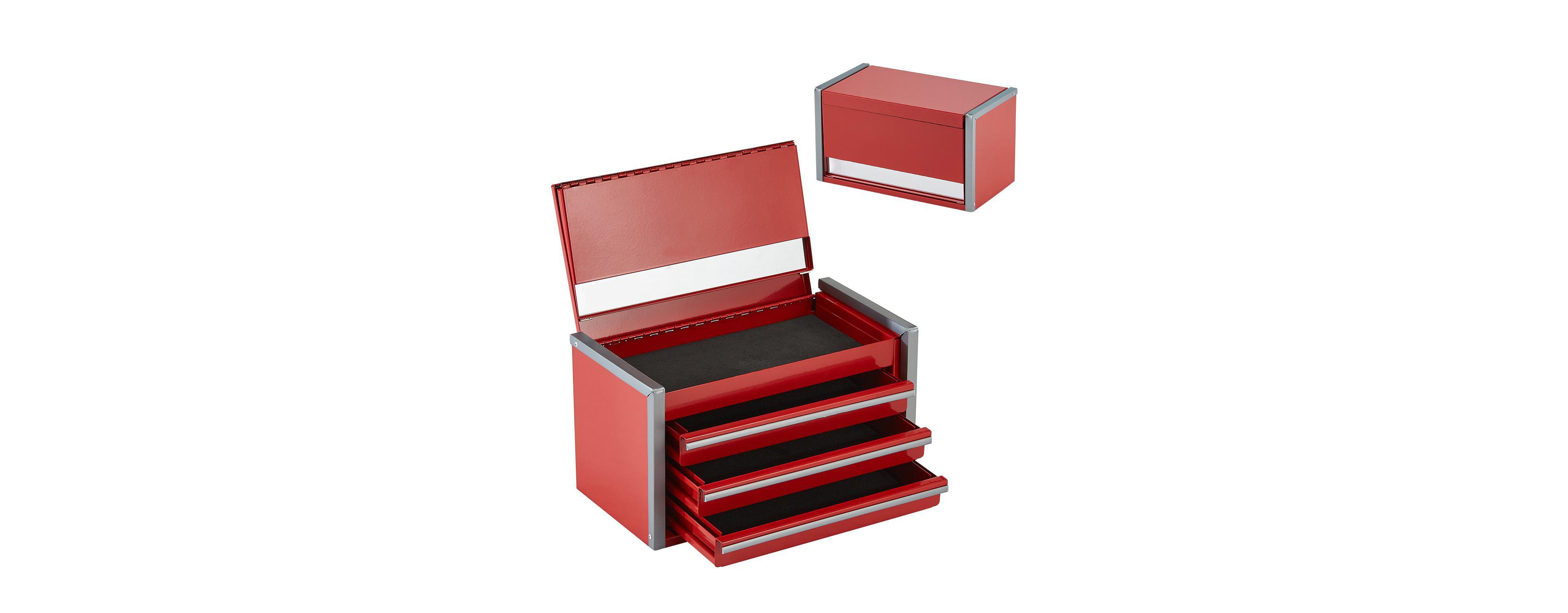 Mecale Metal Tool Box, 8.6", Portable 3-Drawer Tool Chest, Eva Liners, Pp Feet, Ball-Bearing Slides, Powder-Coat, Red