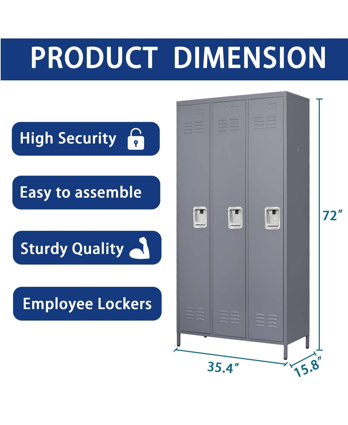 Boyel Living 3 Door 72"H Metal Lockers With Lock for Employees, Storage Locker Cabinet for Home Gym Office School Garage, Gray