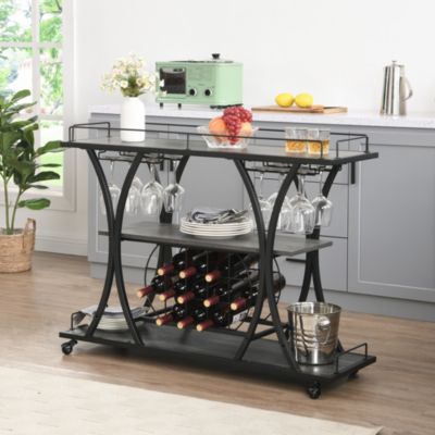 32.6'' Tall Industrial Style Rolling Kitchen Island Wine Cart with Black Finished, Fir Wood Mobile Metal Wine Bar Cart
