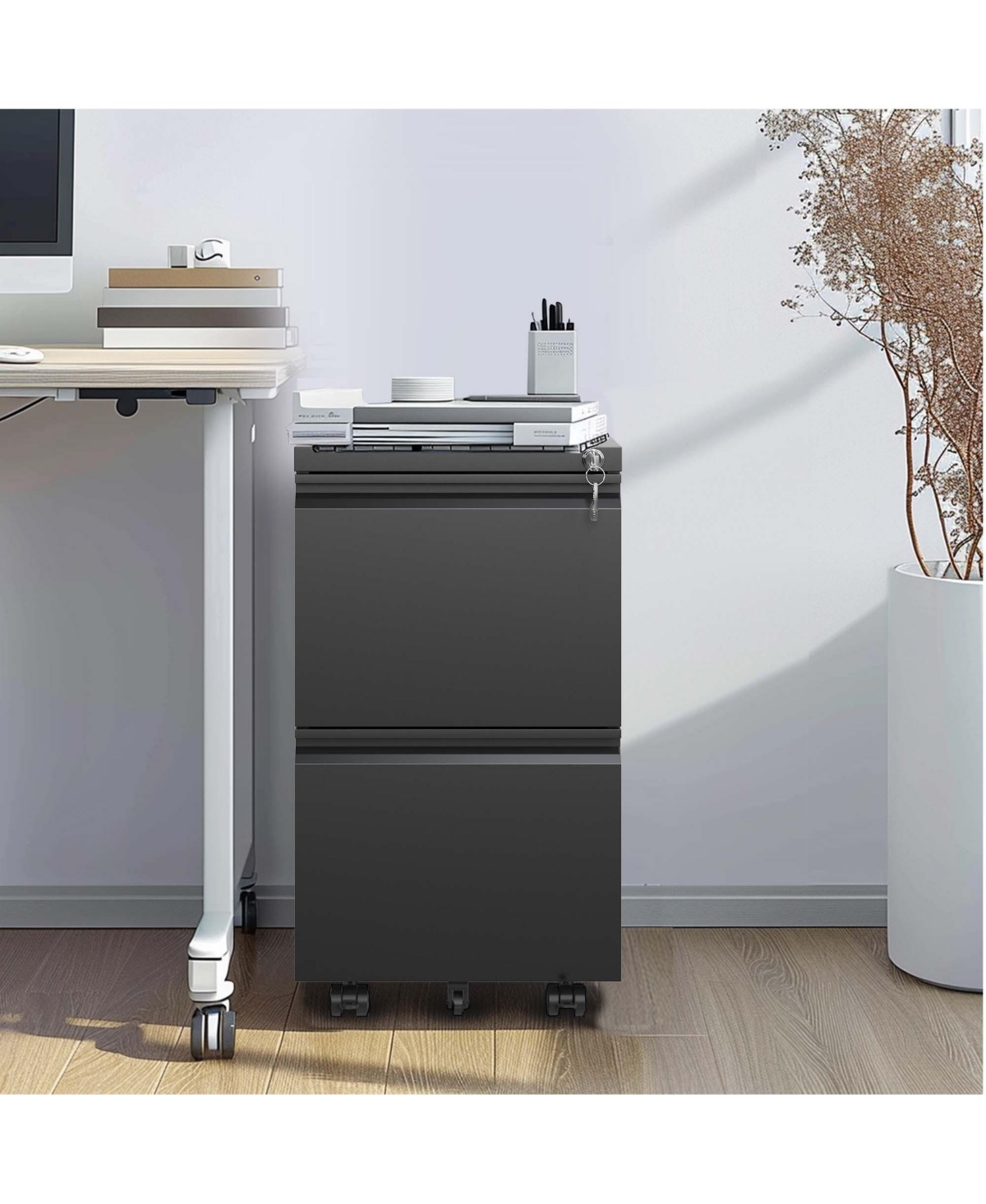 Boyel Living 2 Drawer Metal Mobile File Cabinet, Rolling File Cabinet with Lock for Hanging Legal/Letter/A4 Size, Fully Assembled Except Wheels