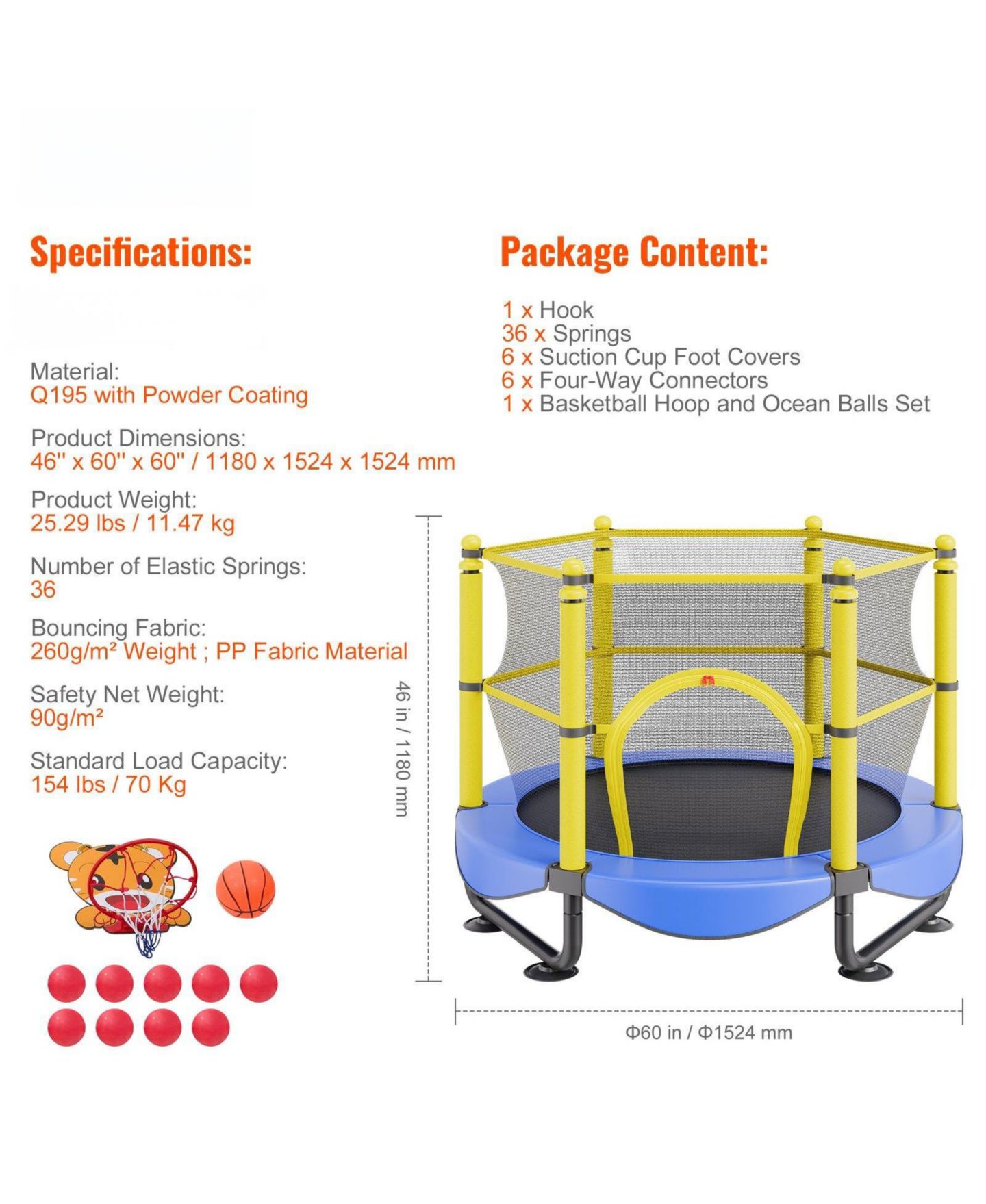 Детская игрушка Mecale Kids' Trampoline, 5 ft, Indoor/Outdoor with Enclosure Net & Basketball Hoop, Ages 3+, цвет: Синий — фото 4