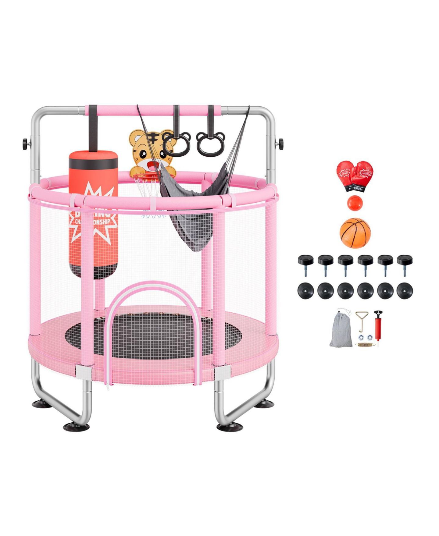 Детская игрушка Mecale Kids Trampoline, 55", Indoor/Outdoor with Enclosure Net & Basketball Hoop, Ages 3+, цвет: Розовый — фото 10