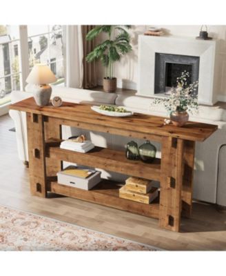 63-Inch Solid Wood Console Table, Farmhouse Sofa Table Behind Couch with Storage Shelves, Entryway Furniture