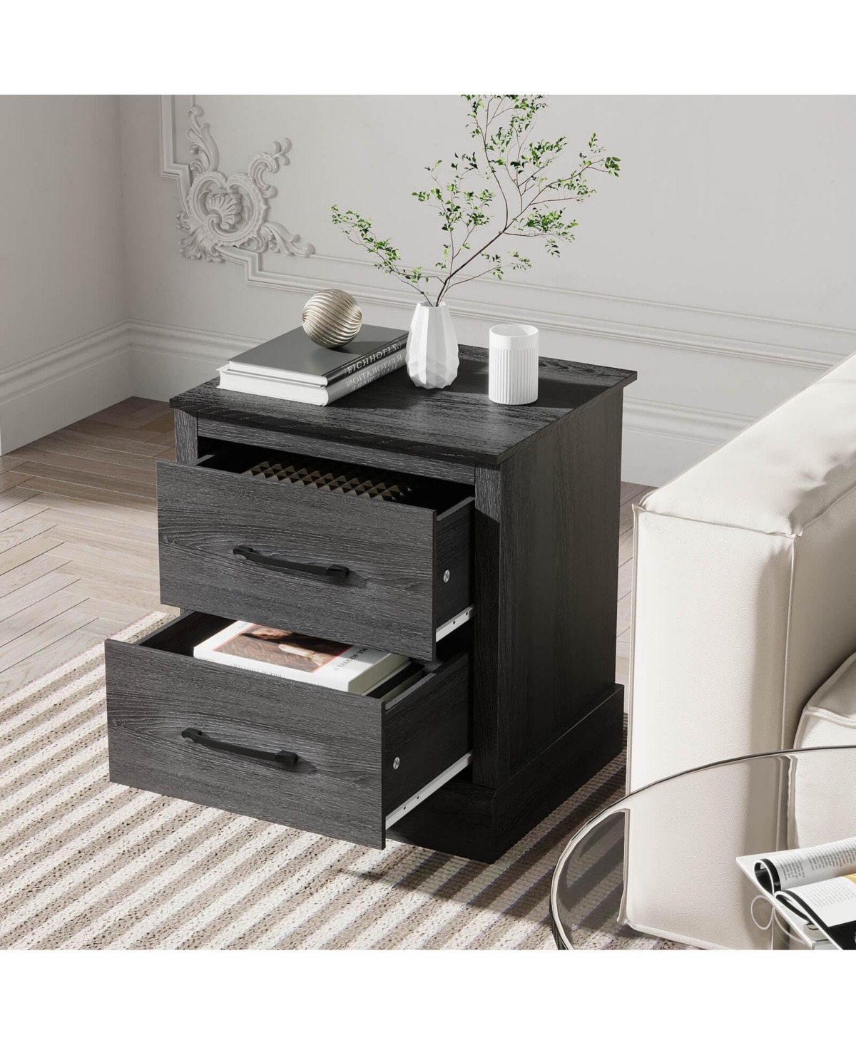 sumyeg Wood Compact Floor Nightstand with Storage Drawers