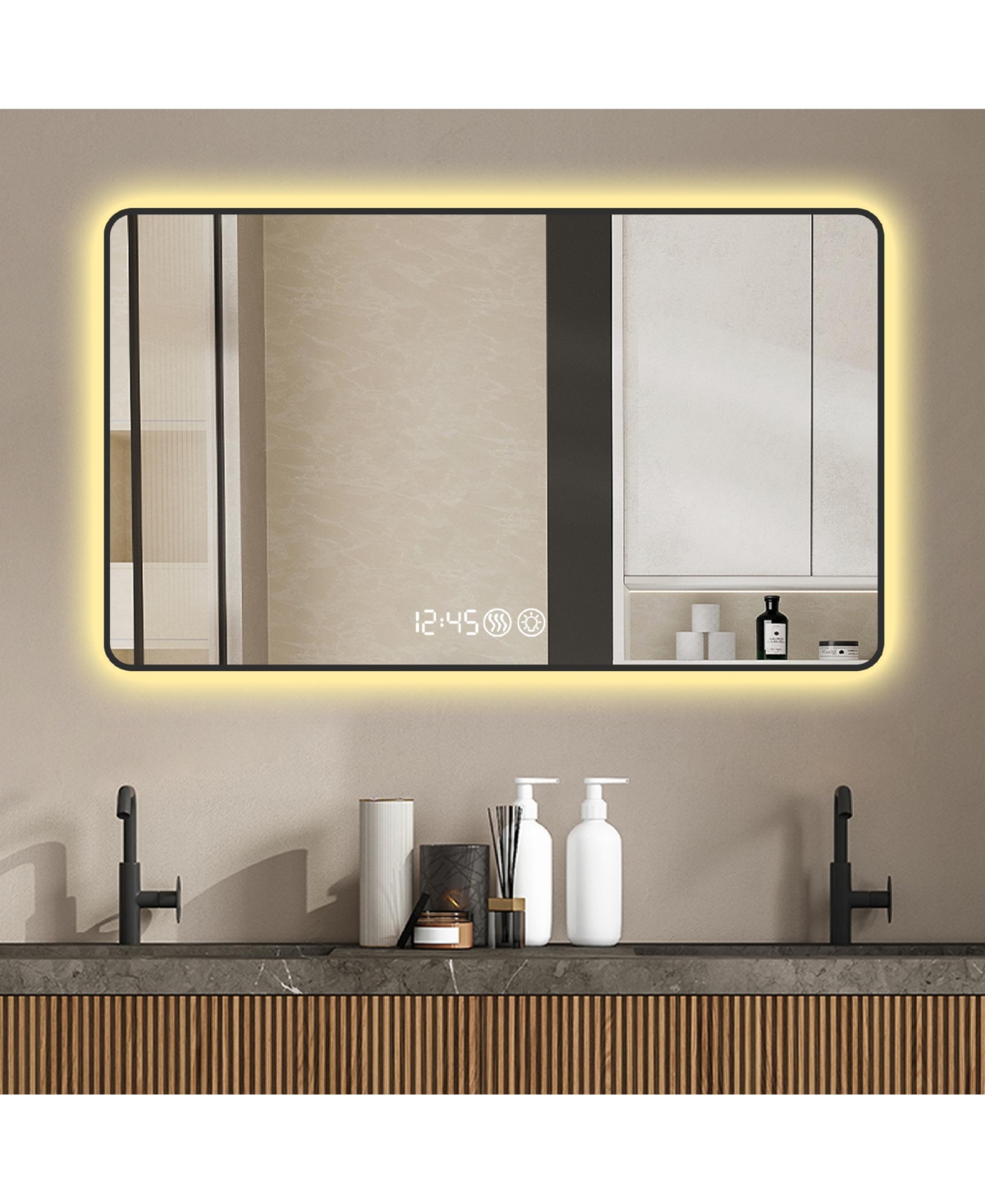 Rainsken 48x32 Led Bathroom Mirror, Wall Mount Anti-Fog Vanity Mirror with High-Definition Tempered Glass and Tri-Color Lighting for Wall Decor