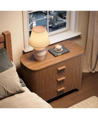 Large Nightstand with 3 Drawers Set of 2, Mid Century Modern Oversized Bedside Table, Wide Nightstand with Fluted Striped Panel