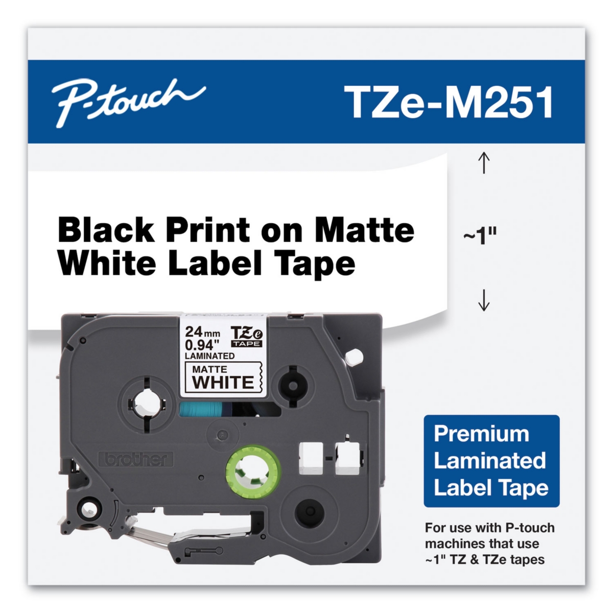 Brother TZEM251 0.94 in. x 26.2 ft. TZe Premium Laminated Tape - Black on White