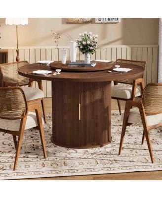 55-Inch Round Dining Table for Six with Double-Tiered Storage Rack and Rotating Top
