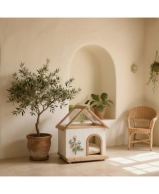 Cat House with Floral Carving for Cats & Small Dogs in Natural
