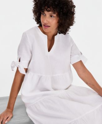 Women's 100% Linen Tie-Sleeve Tiered Midi Dress