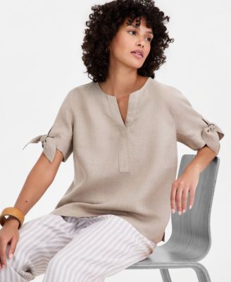 Women's 100% Linen Split-Neck Tie-Cuff Top