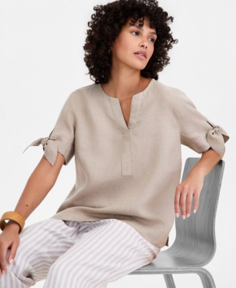 Женская блузка Charter Club Petite Split V-Neck Short-Sleeve Linen, цвет: Flax Delave
