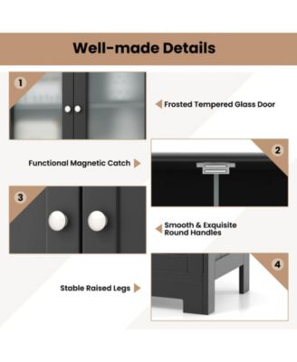 Bathroom Floor Storage Cabinet Kitchen Cupboard with 2 Drawers & Glass Doors