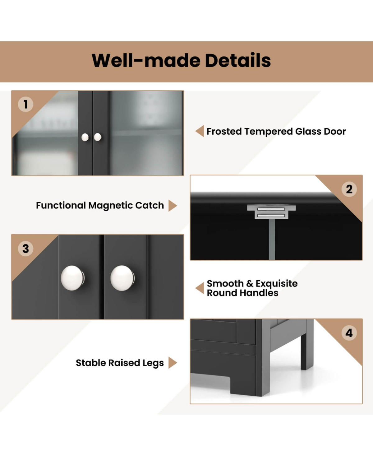 Bathroom Floor Storage Cabinet Kitchen Cupboard with 2 Drawers & Glass Doors
