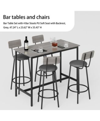 Bar Table Set with 4 Bar stools PU Soft seat with backrest, Grey, 47.24'' L x 23.62'' W x 35.43'' H