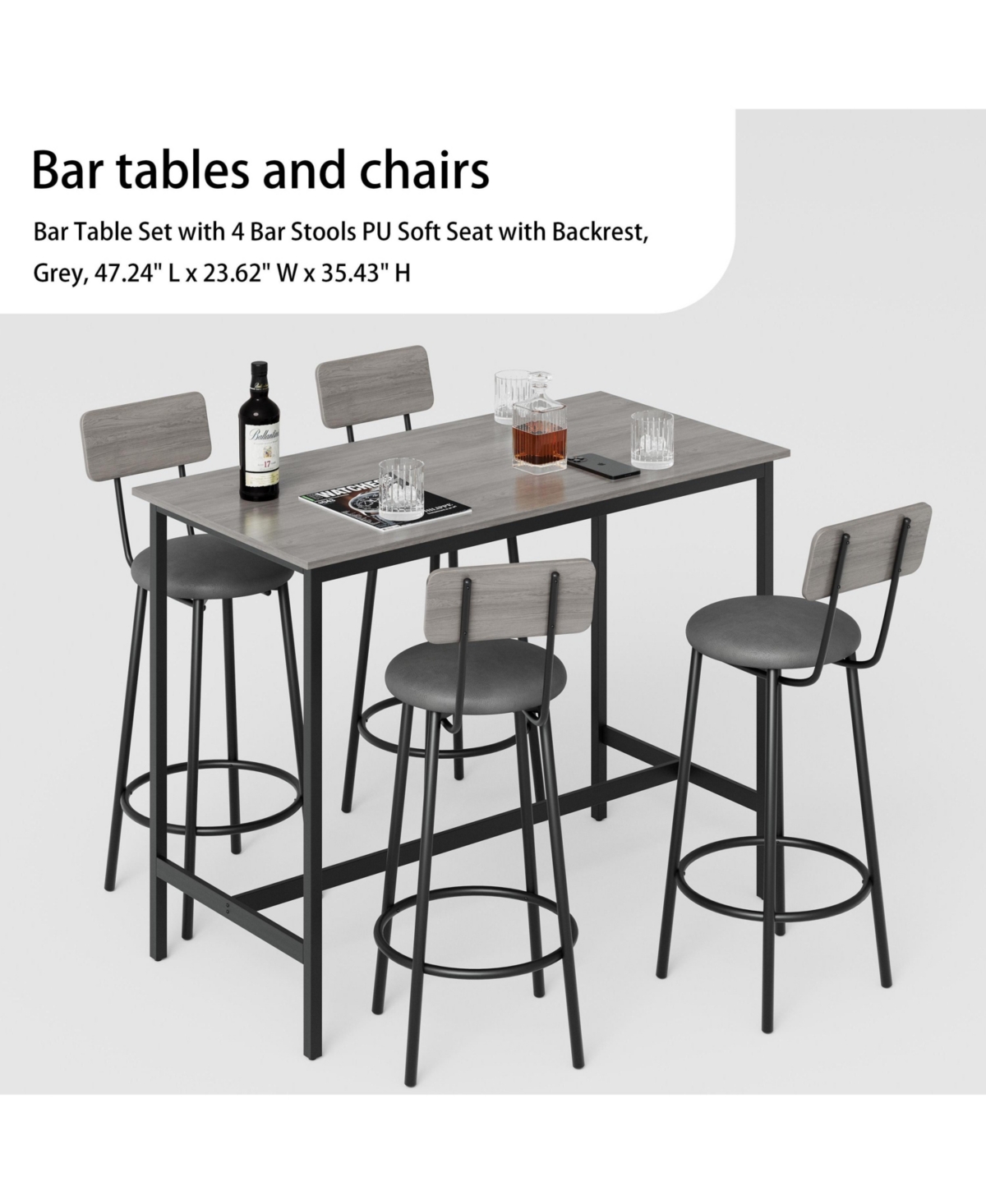 Clihome Bar Table Set with 4 Bar stools Pu Soft seat with backrest, Grey, 47.24'' L x 23.62'' W x 35.43'' H