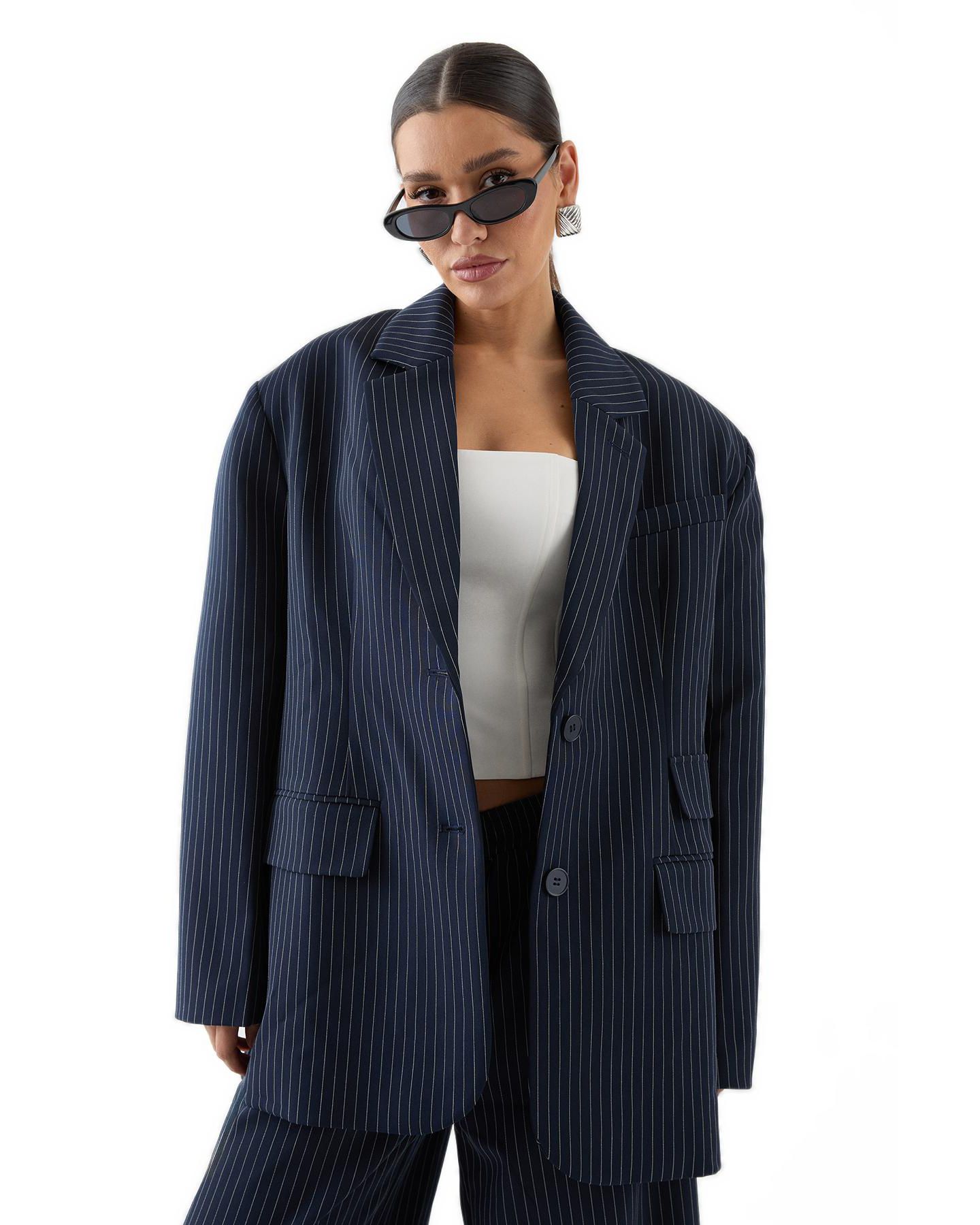 Женский пиджак MissPap Premium Pinstripe Oversized Blazer, цвет: Тёмно-синий — фото 1