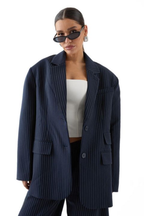 Женский пиджак MissPap Premium Pinstripe Oversized Blazer, цвет: Тёмно-синий