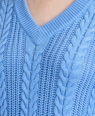Women's Ryland Blue Cable Knit V-Neck Sweater