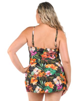 Women's Plus Size Tropical Hideaway Lingerie Strap Tankini Top and Flowy Skirt