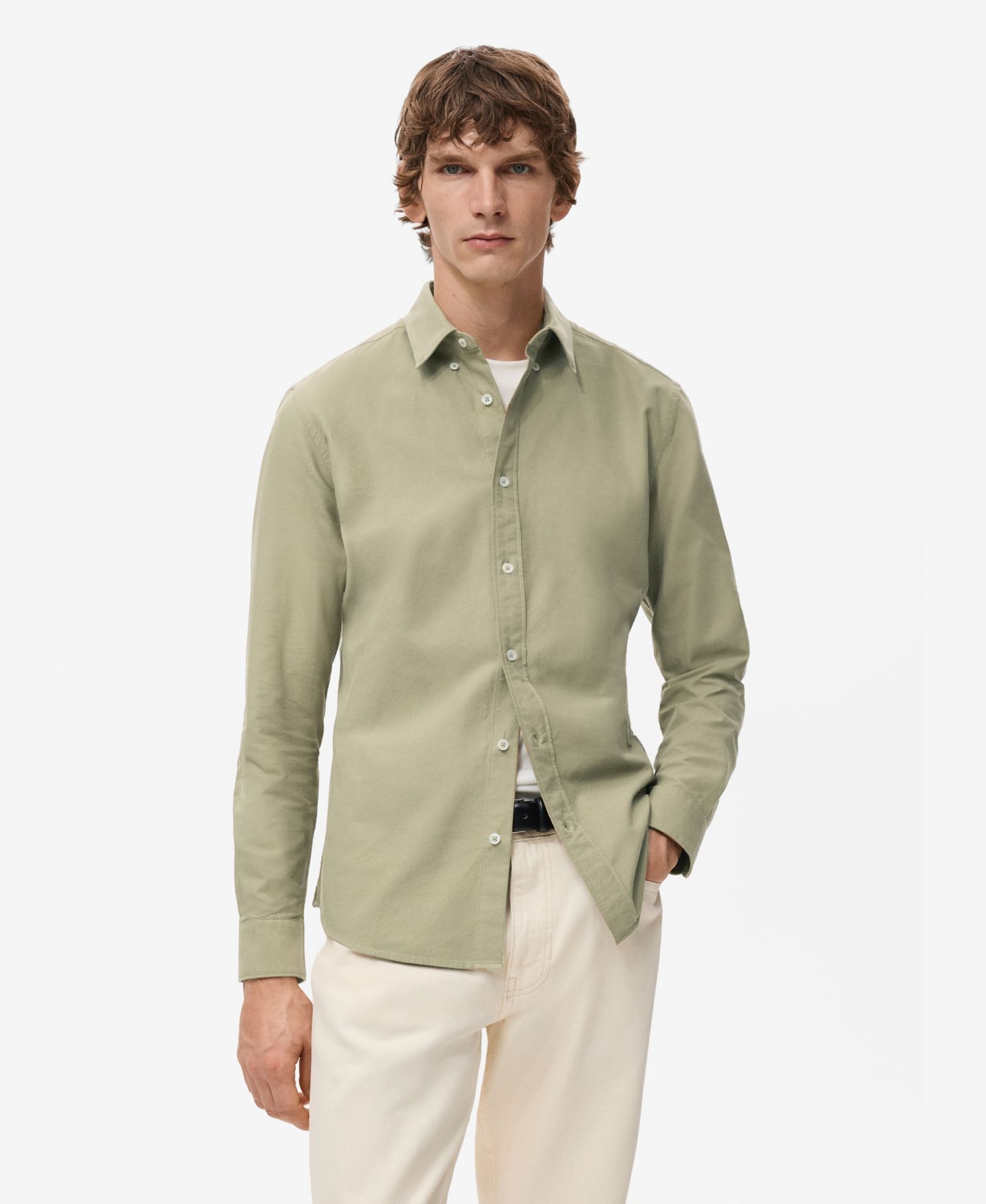 Мужская рубашка Mango Cotton Oxford, цвет: Хаки — фото 1