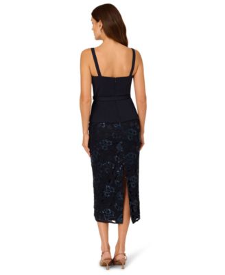 Women's Square Neck Sequined Combo Midi Dress