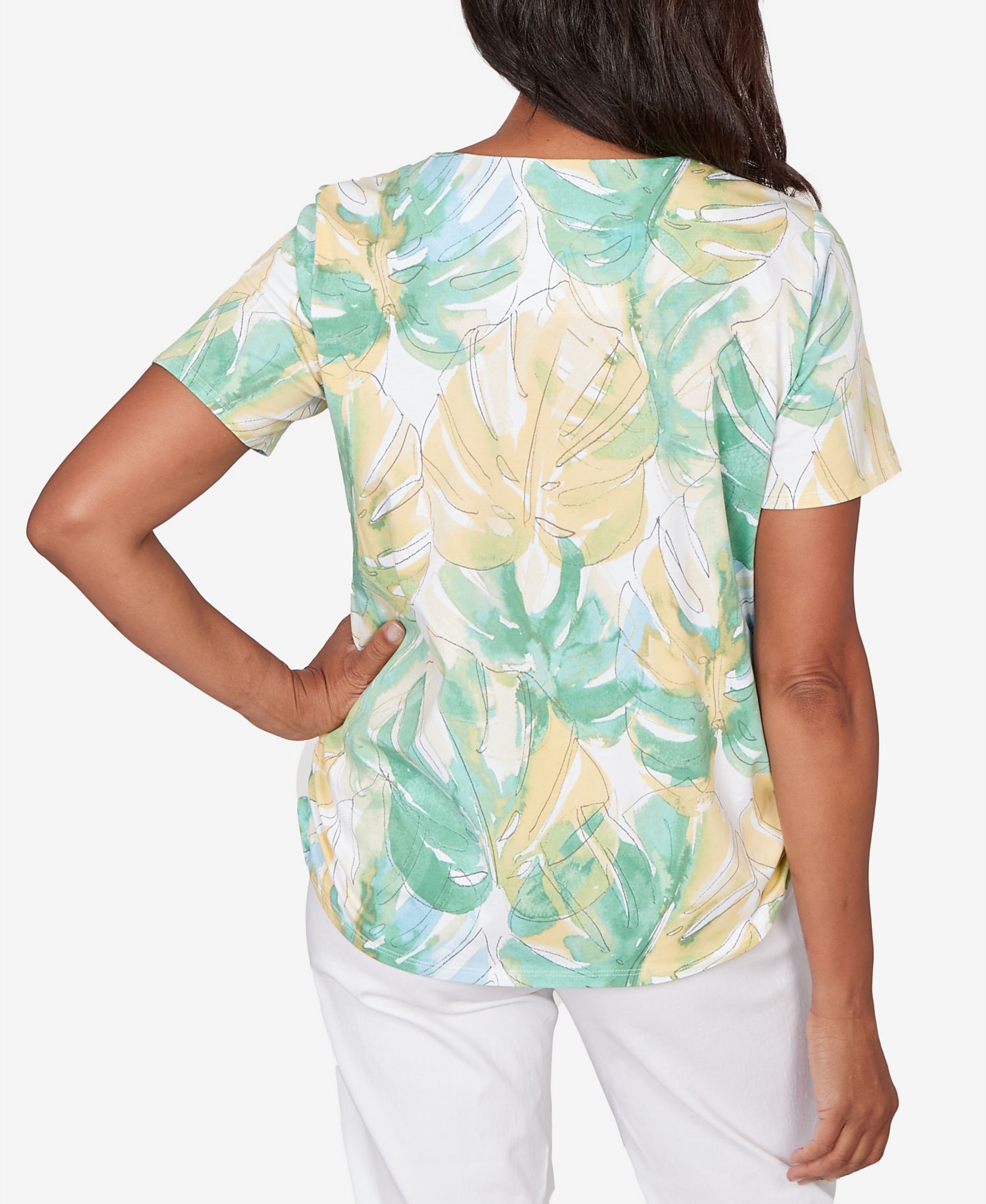 Petite Tropical Leaf Beaded Neck Ruched Top