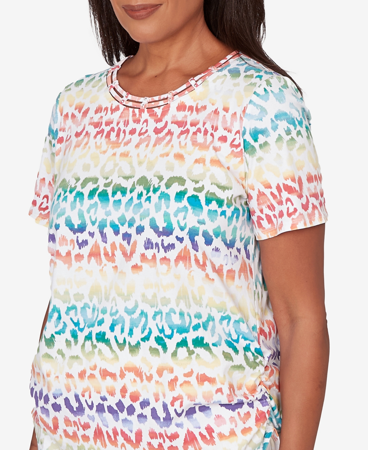 Alfred Dunner Petite Rainbow Print Beaded Neck Ruched Top