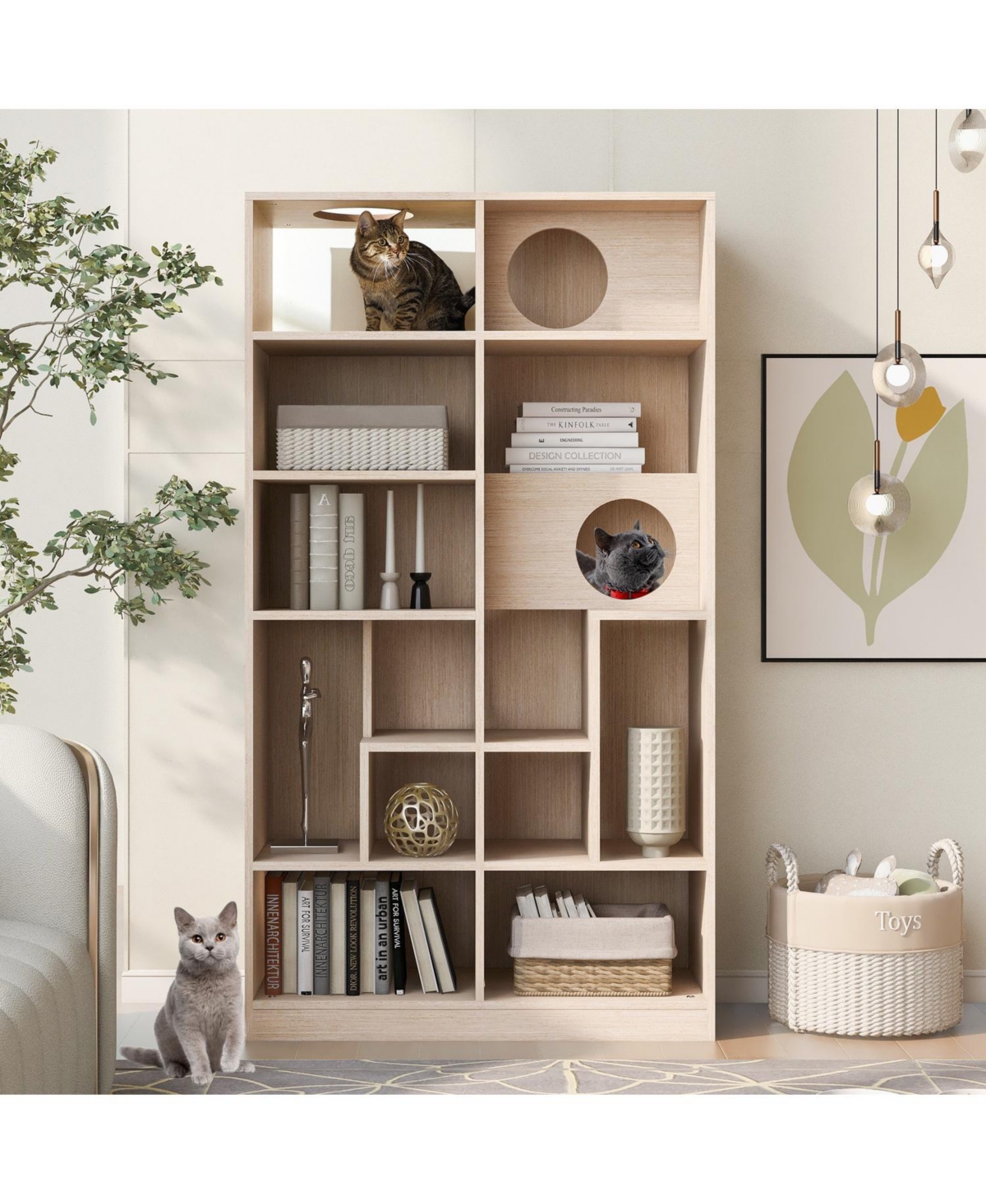 Aostirmotor Cat House with Storage, Cat Litter Box Enclosure Climbing Shelf in Natural