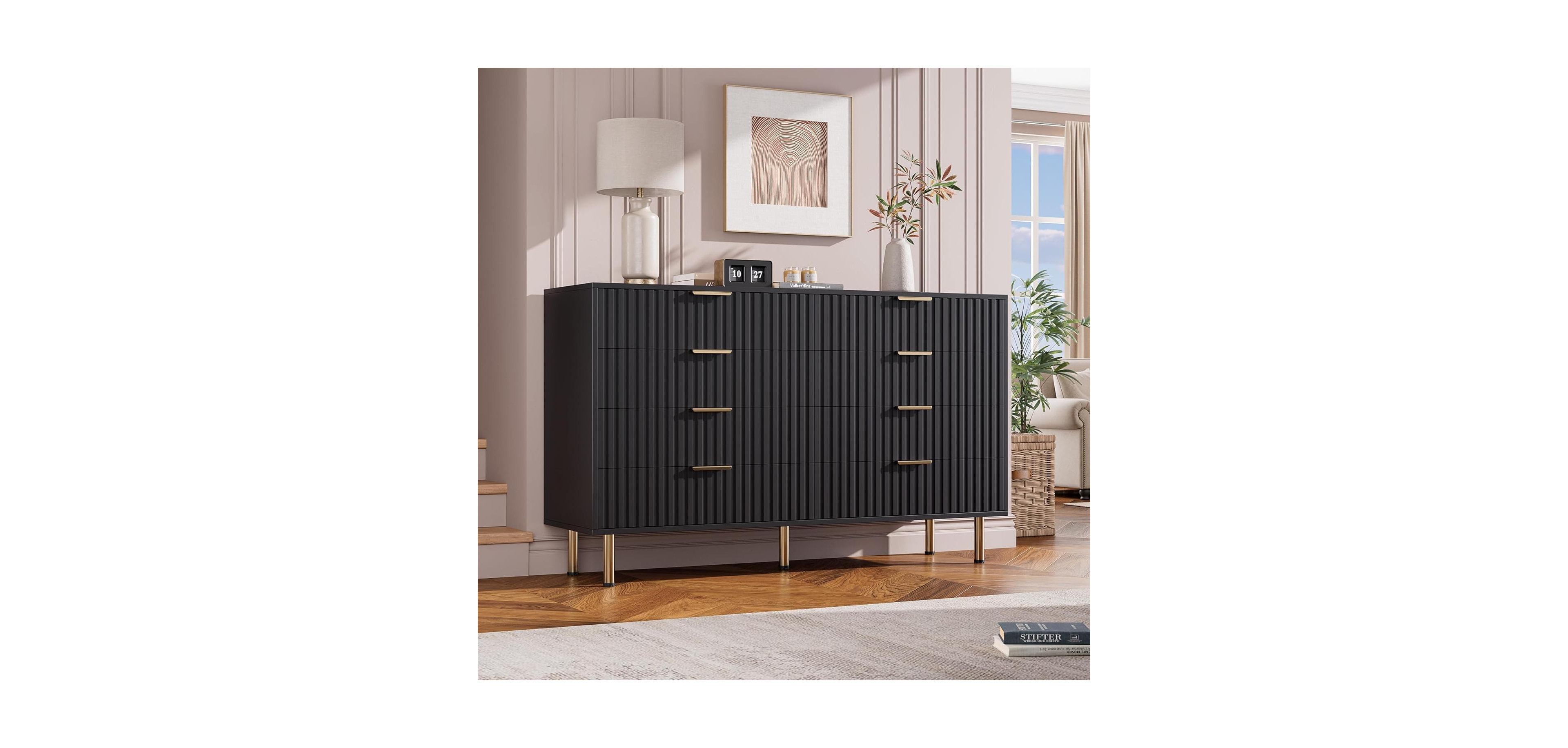 gaomon 8-Drawer Modern Fluted Black Dresser, 55 Inch Wide Chest, Deep Drawers, Large Organizer for Bedroom, Living Room, Kids Room