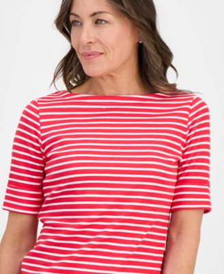 Petite Striped Boat-Neck Elbow-Sleeve Top