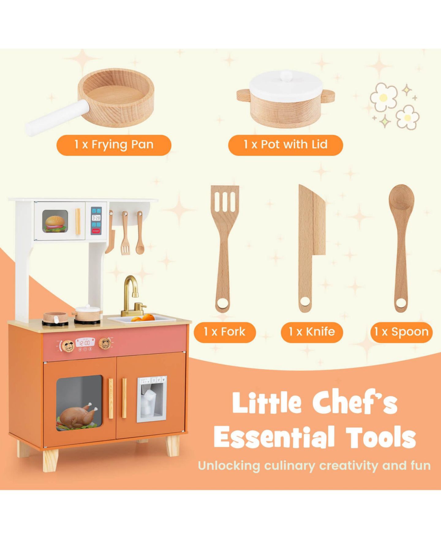Детские игрушки Costway Kids' Play Kitchen with Microwave and Stoves, 7-Piece Set, Ages 3+, цвет: Коричневый — фото 10