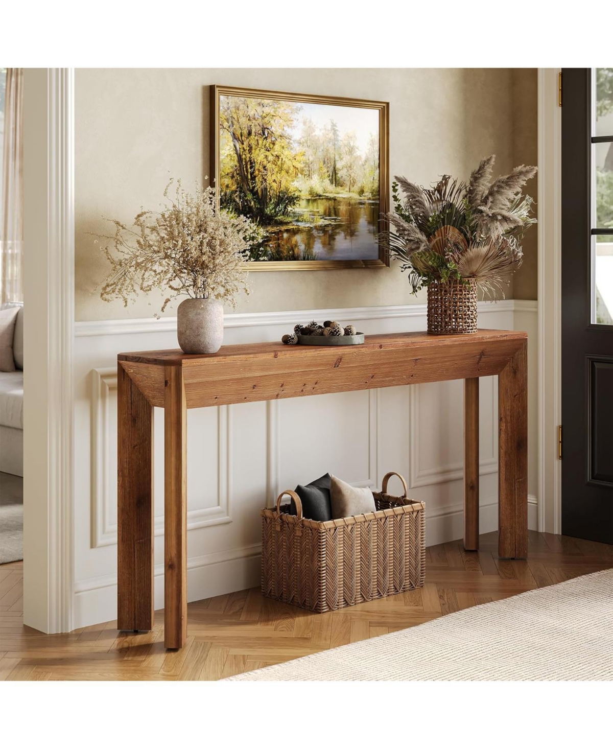 Tribesigns Solid Wood Console Table for Living Room, 63" Farmhouse Entryway Table with Integrated Splayed Legs, Brown