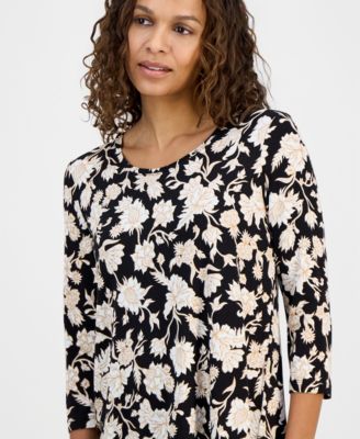 Petite Scoop-Neck Printed 3/4-Sleeve Top