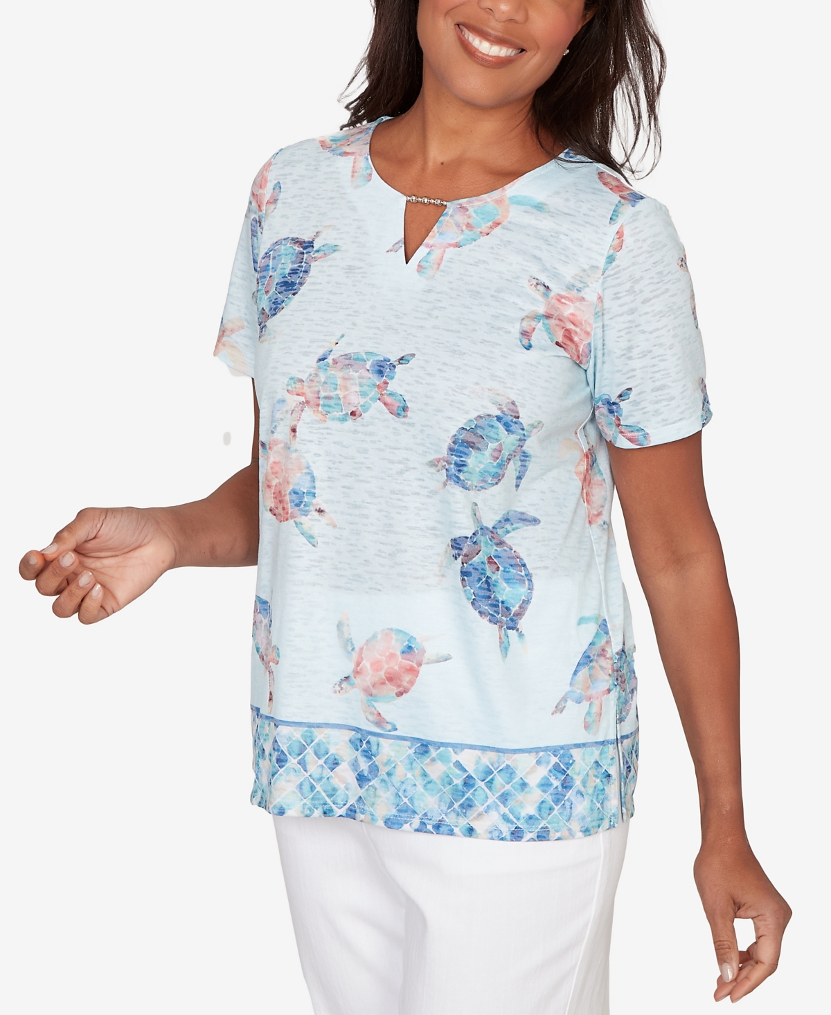 Alfred Dunner Women's Sea Turtle Keyhole Neck T-Shirt