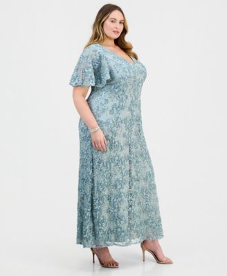 Plus Size Lace V-Neck Flutter-Sleeve Gown