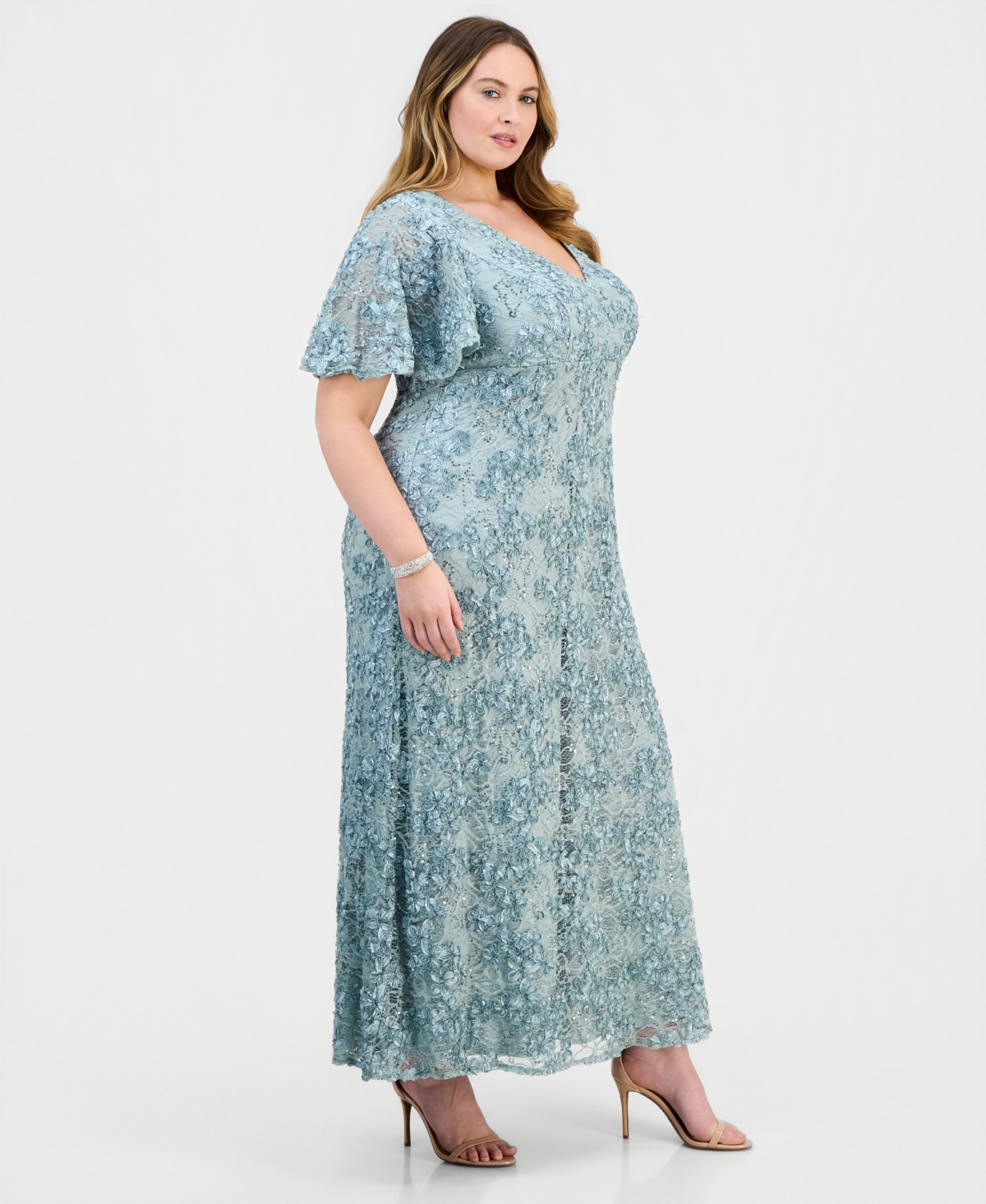 Alex Evenings Plus Lace V-Neck Flutter-Sleeve Gown