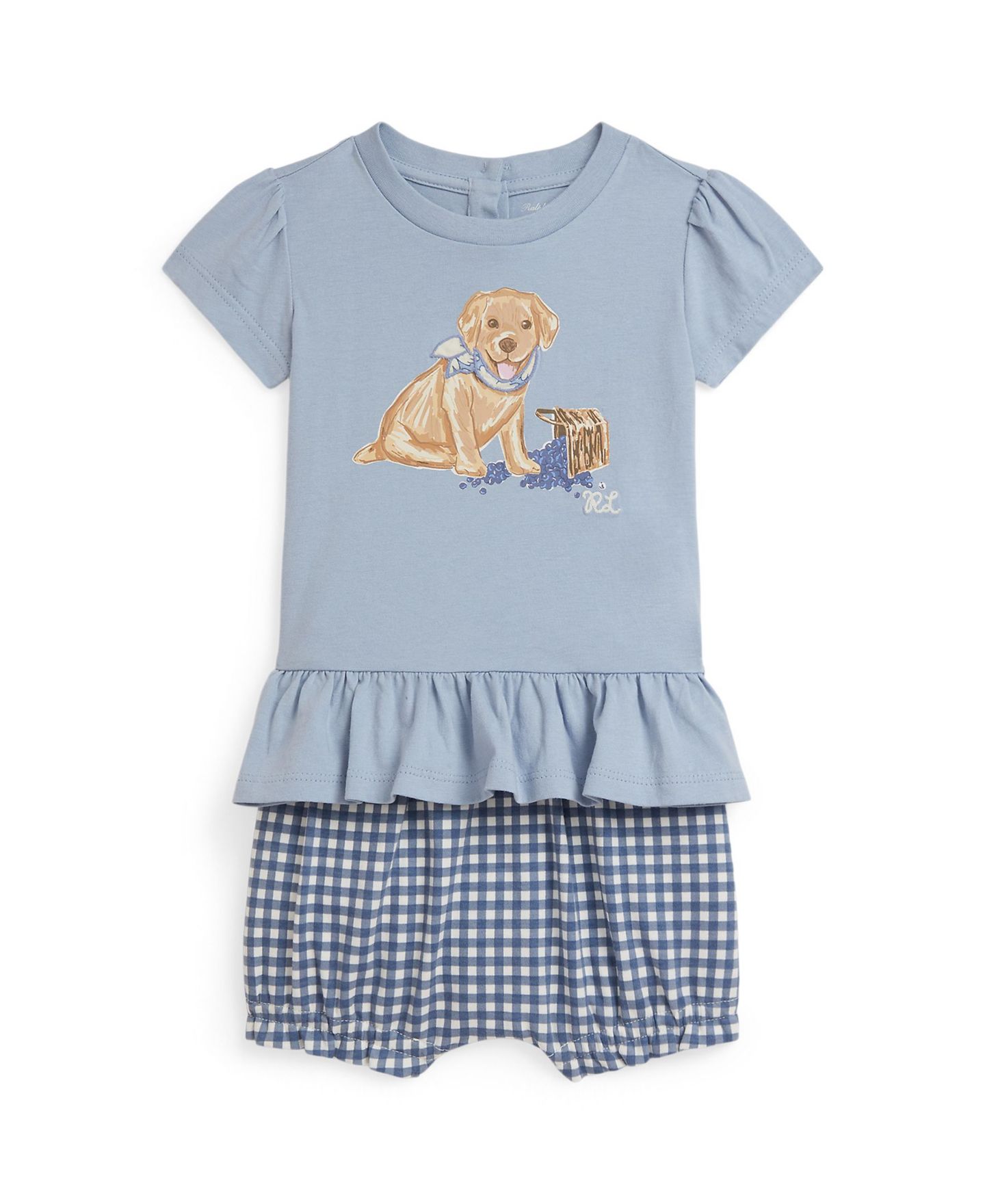 Детский комплект Polo Ralph Lauren для девочки: футболка с собакой и шорты в клетку, цвет: Синий — фото 1