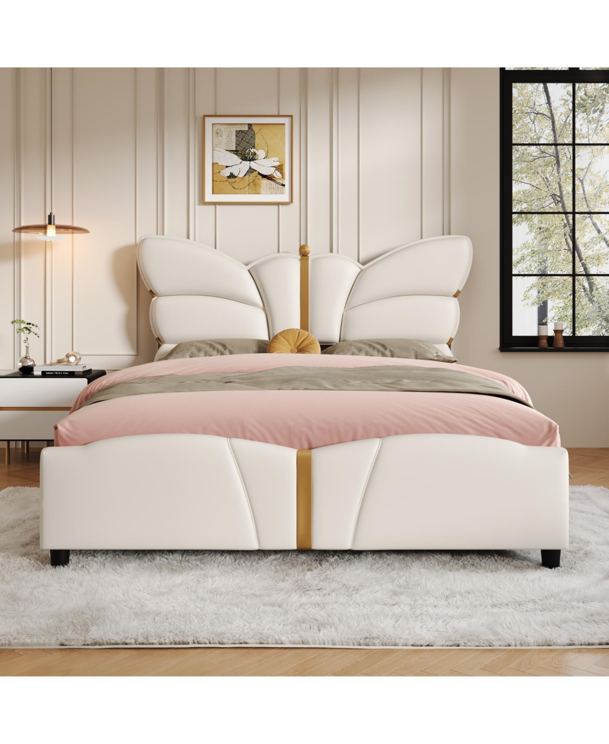 Streamdale Furniture Queen Upholstered Bed Frame, Butterfly Headboard, Gold Accents