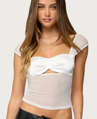 Women's Sheer Mesh & Satin Effect Cutout Top