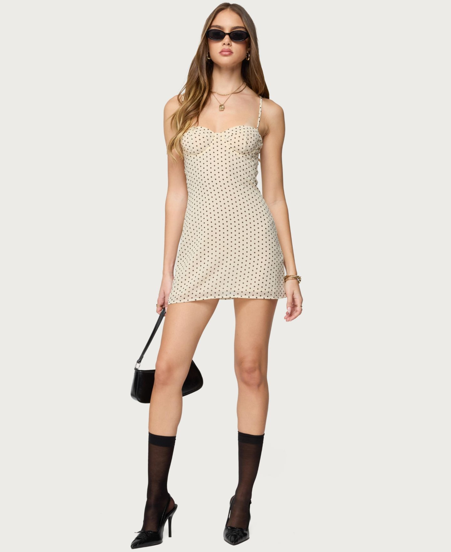 Женское платье Edikted Polka Dot Cupped Chiffon Mini, цвет: Кремовый чёрный — фото 5